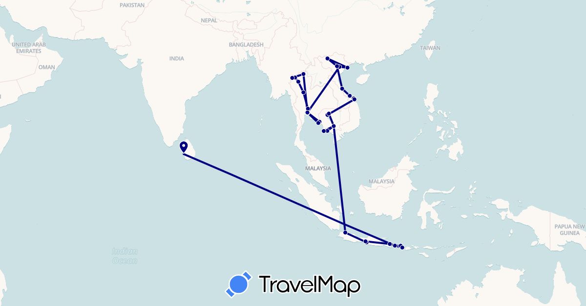 TravelMap itinerary: driving in Indonesia, Cambodia, Sri Lanka, Thailand, Vietnam (Asia)
